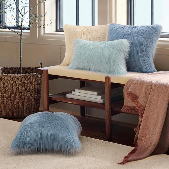 Phantoscope Pack of 2 Faux Fur Throw Pillow Covers Cushion Covers Luxury Soft Decorative Pillowcase Fuzzy Pillow Covers for Bed/Couch, Dusty Blue 26 x 26 Inches