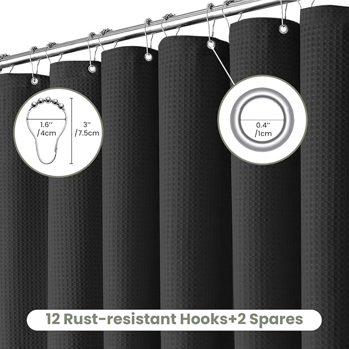 Inhousolu Fabric Shower Curtain Waffle Weave, 230 GSM Heavy Duty, Weighted Hem, 14 Metal Hooks, Water Repellent, Machine Washable, Hotel Spa Luxury Bath Curtain Set, 72 x 96 Inch, Black