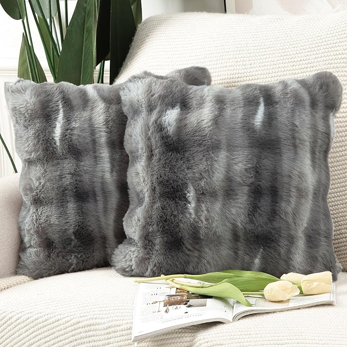 MADIZZ Pack of 2 Thick Plush Wool Throw Pillow Covers 16x16 Inch Dark Grey Soft Neutral Decorative Throw Pillows Accent Boho Cushion Covers for Couch Sofa Bedroom Pillow Shell