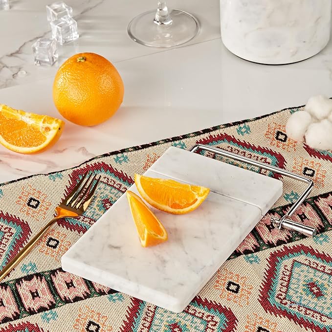 White Marble Cheese Board with Stainless Steel Slicer - Unique Grey Veining and Grooved Design White Marble Cheese Board, Cheese Cutting Serveware For Kitchen, 9.75" W x 8.5" D x 0.75" H