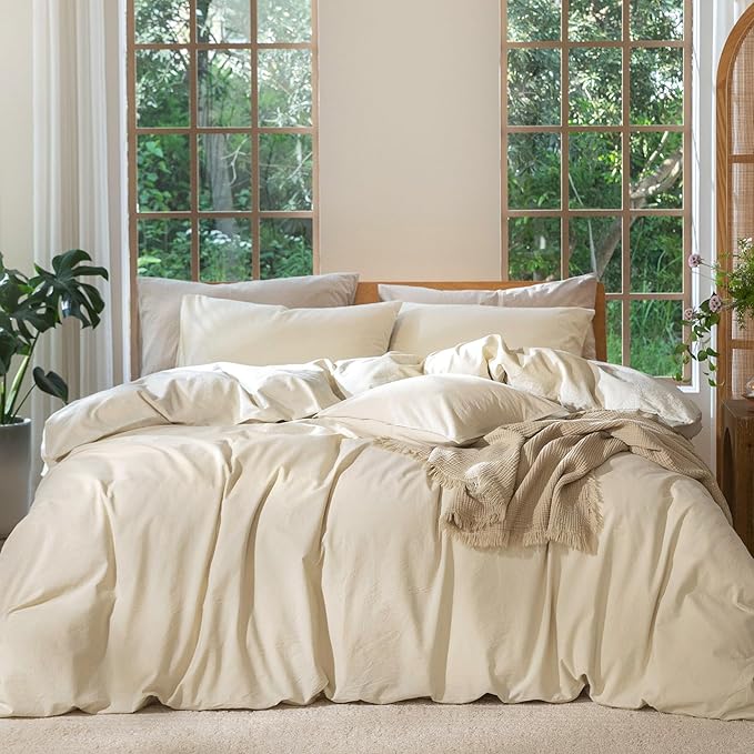 MooMee Bedding Duvet Cover Set 100% Washed Cotton Linen Like Textured Breathable Durable Soft Comfy (Heathered Almond Milk Grey, Cal King 104"x98")