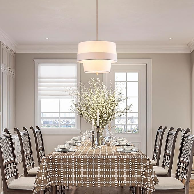 Shrine Lighting Double Drum Chandelier, Modern Drum Pendnat Light for Dining Room, D15.7'' x H11'', Adjustable 47'', E12*4 Sockets, White Fabric Lampshade & French Gold Finish Frame