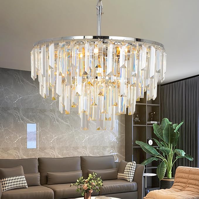 Chrome Modern Round Top K9 Crystal Chandelier Lighting Fixture, 6 Lights Round K9 Crystal Adjustable Hanging Lamp for Dining Room Bedroom Living Room,Hallway,Bar,Kitchen W17''