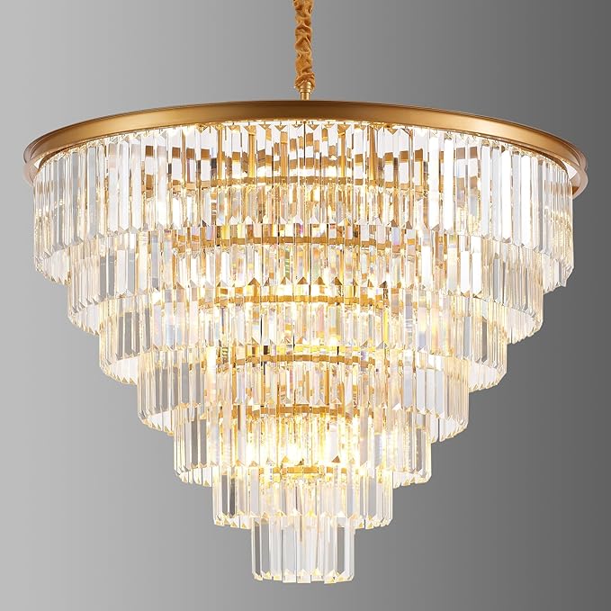 7-Tiers 22 Lights Gold Crystal Chandelier Luxury 35.46" Modern Contemporary Crystal Pendant Ceiling Lighting Crystals Light Fixture for Living Room Hotel Lobby Restaurant Foyer High Ceiling