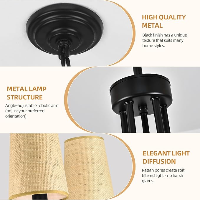 28" Black Boho Rattan Chandelier for Living Room 5-Light Coastal Farmhouse Chandeliers for Dining Room Adjustable Rustic Boho Pendant Light Fixture Bedroom Kitchen Island Entryway Foyer