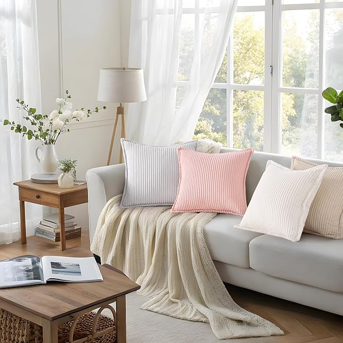Mecatny Corduroy Throw Pillow Covers 24x24 Set of 2, Neutral Decorative Soft Boho Couch Pillow Covers with Broadside for Sofa Living Room, Cream White