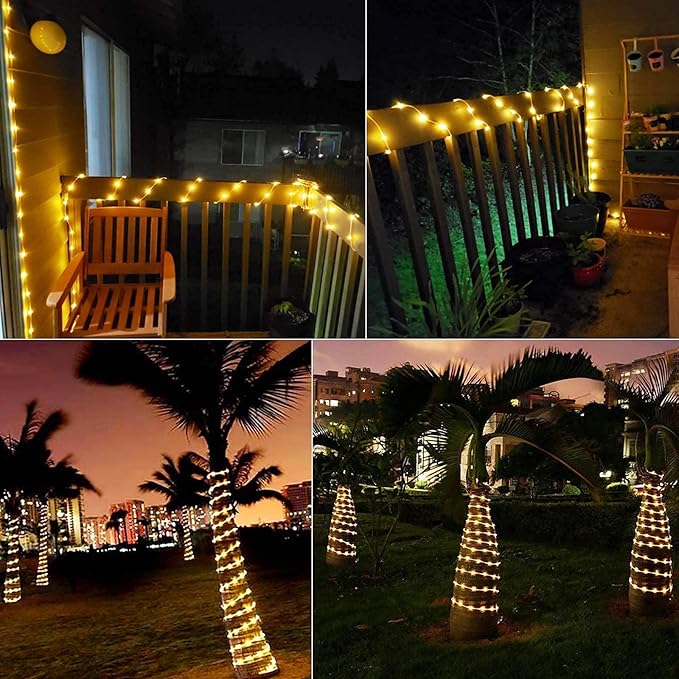 Solar Rope String Lights Outdoor 2 Pack 39 Feet 100 Led Waterproof Solar Powered Fairy Lights with 8 Lighting Modes, Copper Wire PVC Tube Lights for Garden Wedding Party DIY Decor (Warm White)