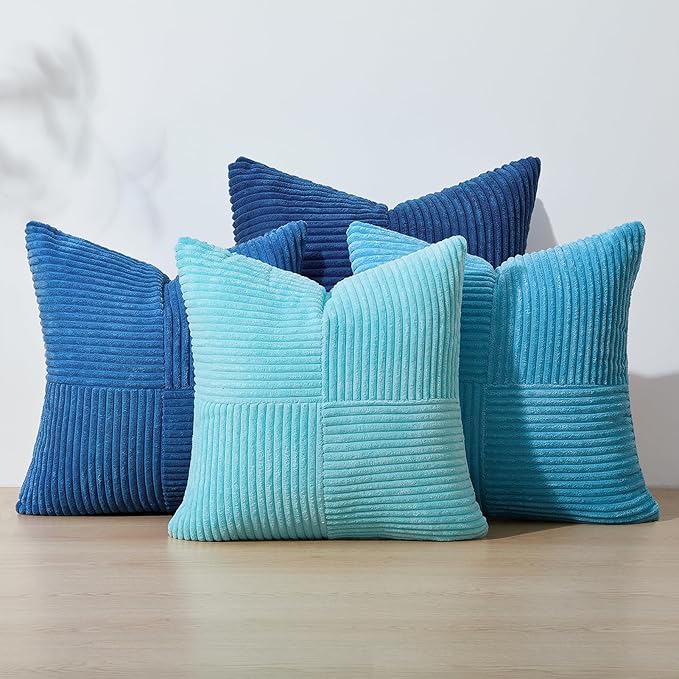 Topfinel Blue Pillow Covers 16x16,Western Velvet Blue Gray Throw Pillow Covers Set of 4 with Striped Corduroy,Boho Soft Accent Pillowcases for Couch,Bed,Living Room Home Decor