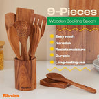 Riveira Walnut Wooden Cooking Utensils Set of 9 Premium Quality Non-Toxic Wooden Spoons, Spatula & Serving Utensils for All Cookware