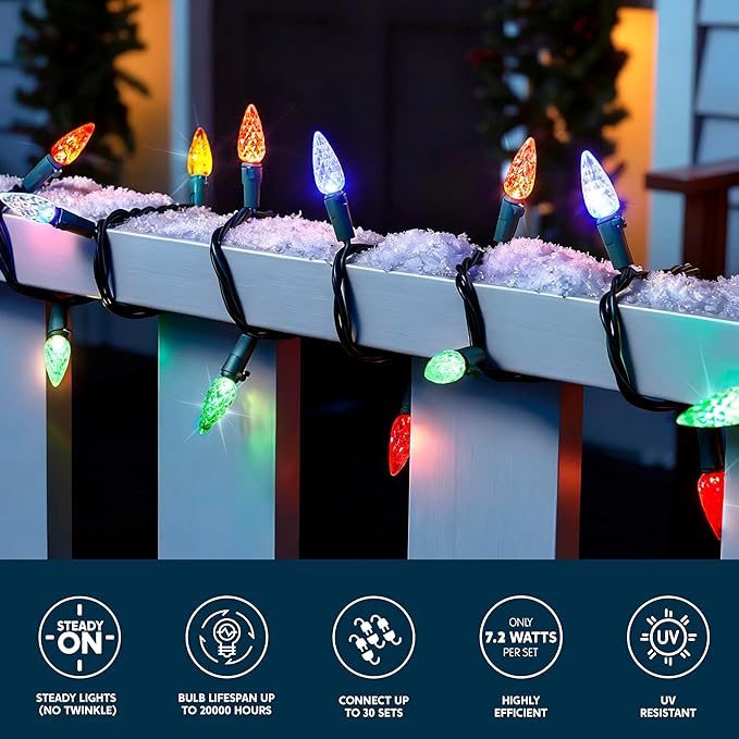 Joiedomi C6 LED Christmas String Lights,150 Count Strawberry Christmas Trees Lights, 50.6FT Connectable Multicolor for Indoor Outdoor Holiday Party Decor,Green Wire