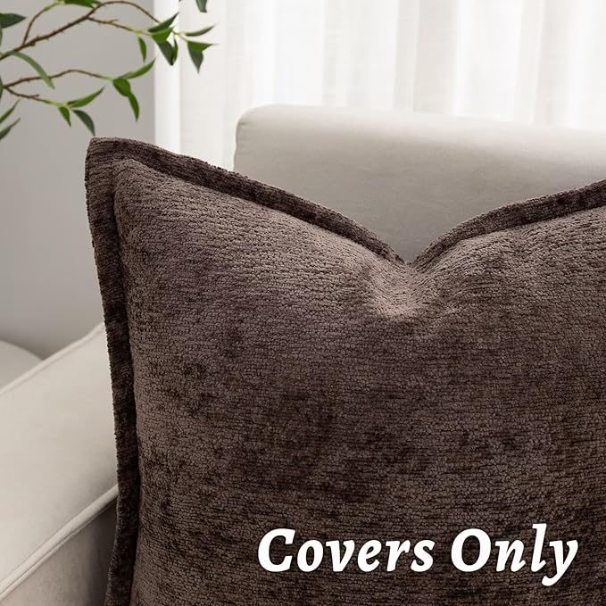 Brown Decorative Throw Pillow Covers 26x26 Inch Set of 2 Cozy Soild Chenille Cushion Cases Soft Textured Square Couch Pillows Cover Boho Accent Farmhouse Pillowcases for Sofa Bed
