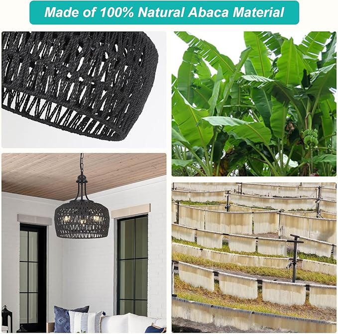 HMVPL Black Rattan Chandelier for Dining Room, 3-Light Boho Light Fixture with Woven Lampshade, Wicker Pendant Light Ceiling Hanging, Farmhouse Kitchen Chandelier for Bedroom Living Room Entryway