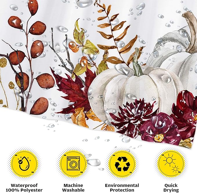 Funnytree 72"x72" Autumn Boho Pumpkins Watercolor Floral Leaves Rustic Fall Thanksgiving Harvest Farmhouse Shower Curtain for Bathroom Decor Machine Washable (Hooks Not Included)