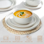 LIANYU 32PC Dinnerware Sets with Silverware for 4, Stoneware Plates and Bowls Dish Set, Stainless Steel Square Flatware Cutlery, Kitchen Dining Dishware, Microwave & Dishwasher Safe, Snowy White