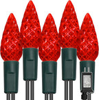 WATERGLIDE C6 Christmas Lights, 33ft 100 LED Faceted String Lights Green Wire Valentines Fairy Lights with 29V Adaptor, 8 Lighting Mode, Waterproof for Indoor Outdoor Patio Xmas Tree Party Decor, Red