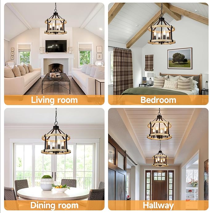 4-Light Farmhouse Chandelier, 12.5 Inch Rustic Black and Vintage Wood Finish Chandeliers for Dining Room Light Fixture, Adjustable Height Hanging Light for Kitchen Island, Entryway, Indoor