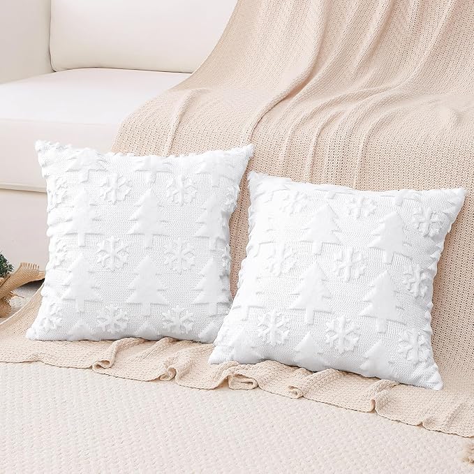 OTOSTAR Set of 2 Xmas Soft Plush Short Wool Velvet Decorative Throw Pillow Covers Square Luxury Style Cushion Case Pillow Shell for Sofa Bedroom Tree and Snowflake White, 12x12 Inch
