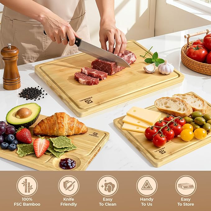 Large Bamboo Cutting Boards Set of 4 for Kitchen, Bamboo Charcuterie Chopping Board with Holder Non Slip, Steak Serving Tray with Juice Groove, Big Butcher Block for Cheese, Ideal for Gift
