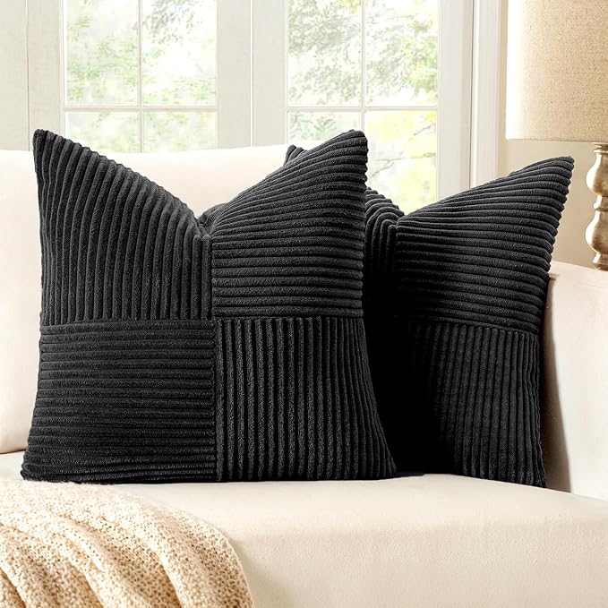 MIULEE 26x26 inch Euro Sham Black Corduroy Pillow Covers Pack of 2 Boho Decorative Spliced Throw Pillow Covers Soft Solid Cross Patchwork Textured Cushion Covers for Living Room Bed Sofa