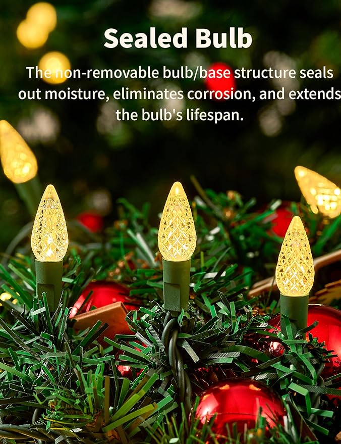 BOHON Christmas Lights Outdoor, Faceted C6 17ft 50 LED String Lights Plug in, Extendable Green Wire Warm White Christmas String Lights for Indoor Xmas Tree Decoration Waterproof UL Certified