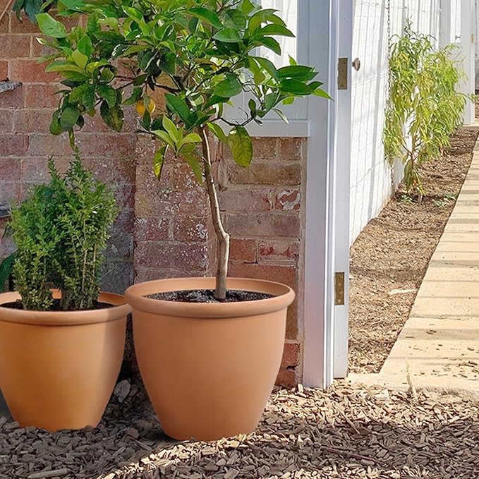 WORTH Garden 2-Pack 15" Dia. Round Planters - Large Terracotta Color Plastic Pots for Indoor & Outdoor Plants - Lightweight Decorative Flower Containers for Porch, Patio, Yard, or Deck