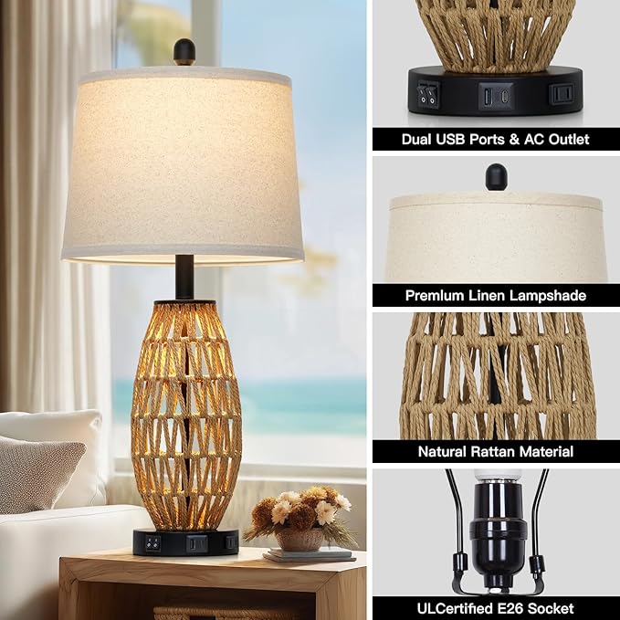 27" Boho Rattan Table Lamp Single, Wicker Bedroom Lamp with Night Light, Woven Coastal Bedside Lamps for Nightstand with USB A+C Charging Port & AC Outlet, Farmhouse Lamps for Living Room