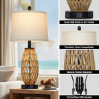 27" Boho Rattan Table Lamp Single, Wicker Bedroom Lamp with Night Light, Woven Coastal Bedside Lamps for Nightstand with USB A+C Charging Port & AC Outlet, Farmhouse Lamps for Living Room