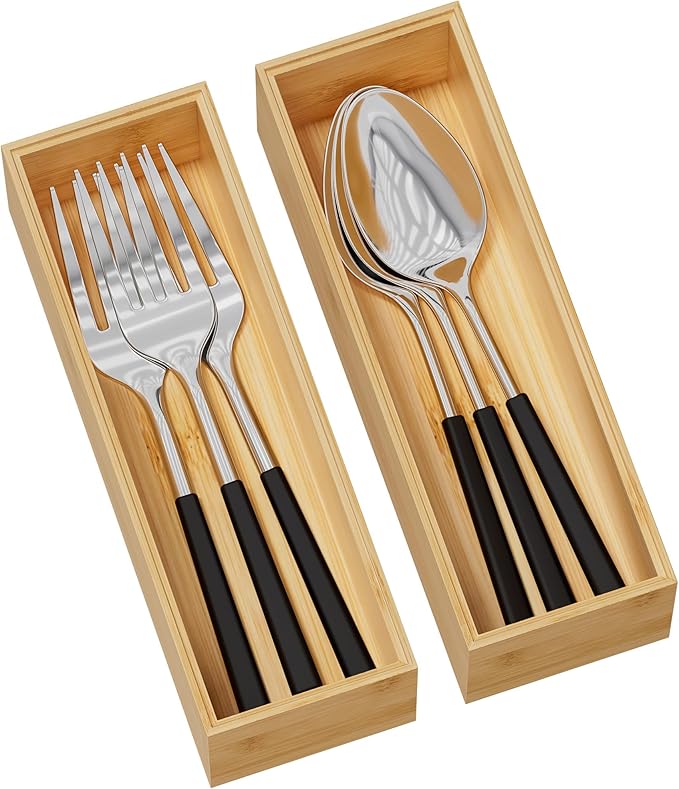 Kitchen Drawer Organizer Bins, Stackable Bamboo Deep Drawer Organizer for Silverware, Utensils, Cutlery, Flatware, Junk Drawer, Dresser, Bathroom, 9" x 3" x 2.5" (Set of 2)