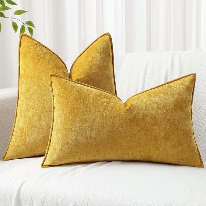 decorUhome Couch Throw Pillow Covers 24x24 Set of 2, Decorative Soft Euro Neutral Chenille Pillow Covers with Elegant Design for Sofa Bed Living Room Home Decor, Mineral Yellow
