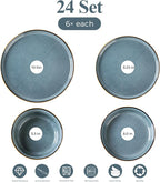 GBHOME 24 Pieces Double Bowls Ceramic Dinnerware Sets for 6, Stoneware Plates and Bowls Set with Reactive Glaze, Scratch Resistant Stoneware Dishes Set, Dishwasher & Microwave Safe