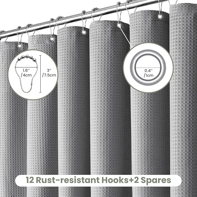 Inhousolu Fabric Shower Curtain Waffle Weave, 230 GSM Heavy Duty, Weighted Hem, 14 Metal Hooks, Water Repellent, Machine Washable, Hotel Spa Luxury Bath Curtain Set, 72 x 72 Inch, Grey