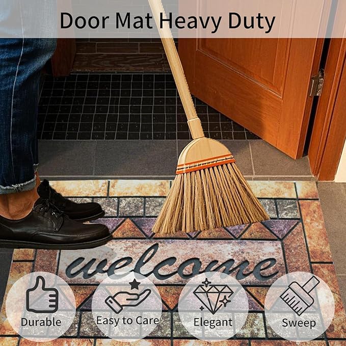 Door Mat Welcome Mat, Heavy Duty Door Mat 17.7 x 29.5 Inch Front Rug Doormat for Outdoor Entrance Home Non-Slip Rubber Rug for Front Door, Outside, Entryway, Patio (Brown Welcome)
