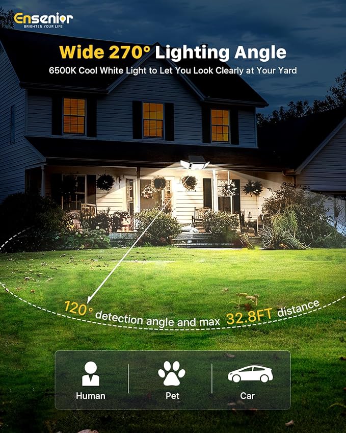 Ensenior Motion Sensor Outdoor Lights, 220 LED IP65 Waterproof Solar Security Light with Remote Control, 3 Heads Solar Flood Light Outdoor with 4 Modes, 270° Wide Angle Motion Light for Outside -2Pack