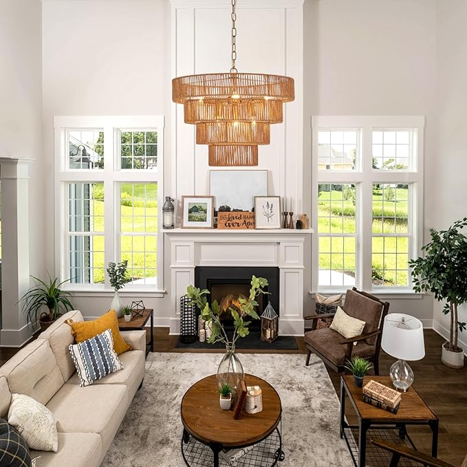 Boho Rattan Chandelier Farmhouse 6-Lights Hand-Woven Bamboo Chandelier Light Fixture Vintage Rustic Wicker Rattan Golden Chandeliers for Dining Room, Bedroom, Kitchen, Living Room, E12