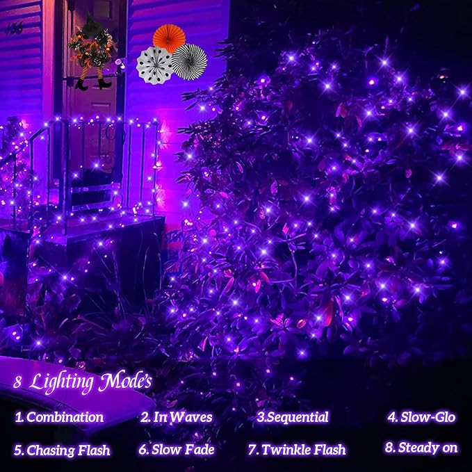 QITONG 4 Pack Purple Solar Fairy Lights, Each 33ft 100 LED Halloween Lights Outdoor Waterproof, 8 Modes Copper Wire Mini String Lights