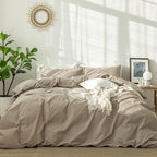 MooMee Bedding Duvet Cover Set 100% Washed Cotton Linen Like Textured Breathable Durable Soft Comfy (Solid Light Camel, Super King 108"x98")