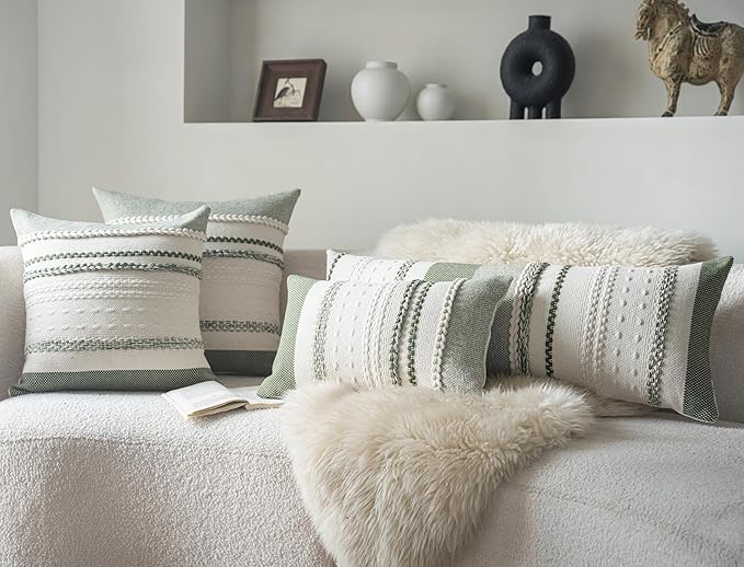 Boho Lumbar Pillow Covers 14x36 Inch Long, Green Textured Decorative Couch Pillow Cases for Farmhouse Home Decor, Accent Cushion Cover for Sofa, Bed, Living Room, Bedroom, Pack of 1