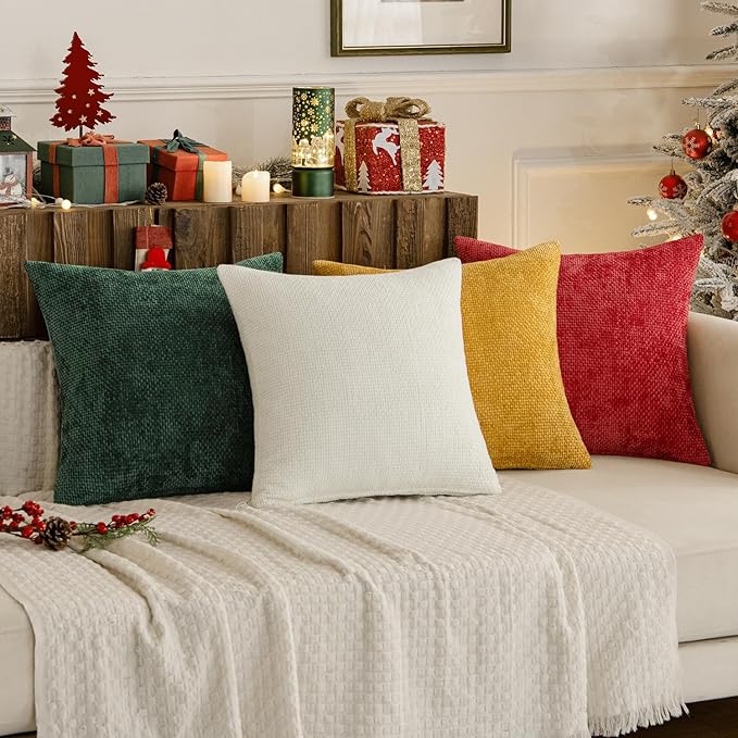 MIULEE Christmas Pack of 4 Couch Throw Pillow Covers 16x16 Inch Christmas Red/Green Soft Decorative Chenille Pillow Covers Farmhouse Accent Cushion Covers for Boho Home Decor Sofa Bedroom Living Room