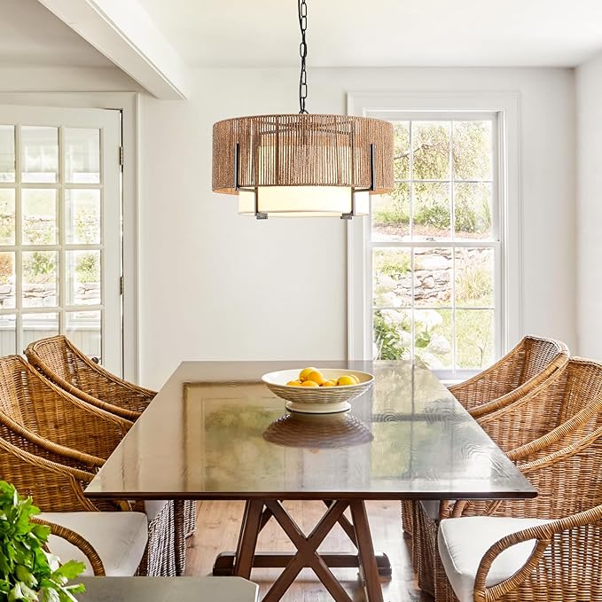 4-Light Rattan Chandelier, 19.7" Boho Pendant Light with Fabric Shade, Farmhouse Rattan Hanging Ceiling Light Fixture for Dining Room, Living Room, Kitchen Island, Bedroom, Hallway, Foyer