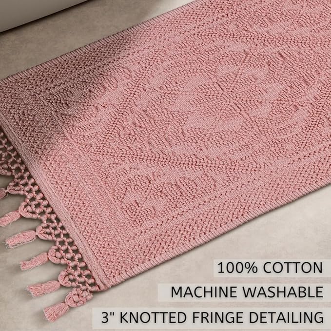 Savi Home Cotton Woven Jacquard Bathroom Rug, Woven Fringe Bathroom Mats, 100% Cotton, Non - Slip Bath Mat, Durable Thick Bath Mat 20”x38” with Fringes, Baby Pink