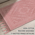 Savi Home Cotton Woven Jacquard Bathroom Rug Set of 2, Woven Fringe Bathroom Mats, 100% Cotton, Non - Slip Bath Mat, Durable Thick Bath Mat 17”x30”& 20"x38" with Fringes, Baby Pink