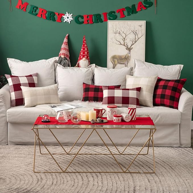 MIULEE Pack of 2 Christmas Classic Farmhouse Buffalo Check Plaids Polyester Soft Solid Black and Red Decorative Porch Throw Pillow Covers Home Decor Cushion Case for Sofa Bedroom Outdoor 16 x 16 Inch