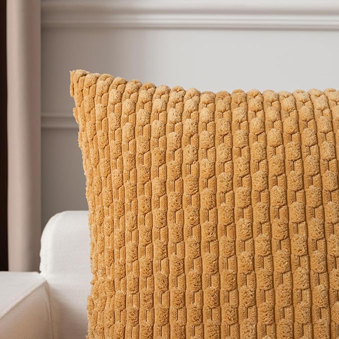 Kevin Textile Throw Pillow Covers Soft Corduroy Decorative Set of 2 Boho Striped Pillow Covers Pillowcases Farmhouse Home Decor for Couch Bed Sofa Living Room 20x20 Inch Gold