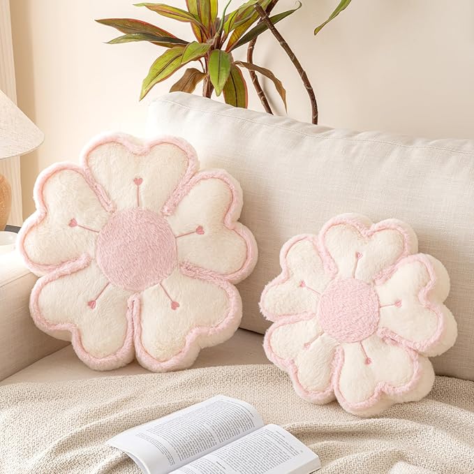 Flower Shaped Decorative Throw Pillow Cushion for Bed Couch, Cute Flower Plush Throw Pillows Home Decor Floor Pillow Seating Cushions (Beige, 17.7 Inches)