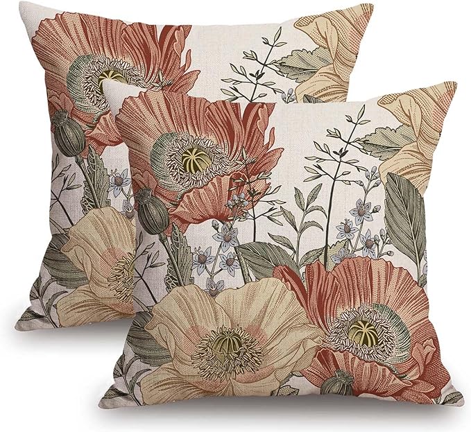 TSSOHU Vintage Flower Throw Pillow Covers 20x20 Brown Rust Colored Floral Botanical Pattern Decorative Pillows Outdoor Linen Farmhouse Cushion Case Country Pillowcase for Sofa Bed Room Decor Set of 2