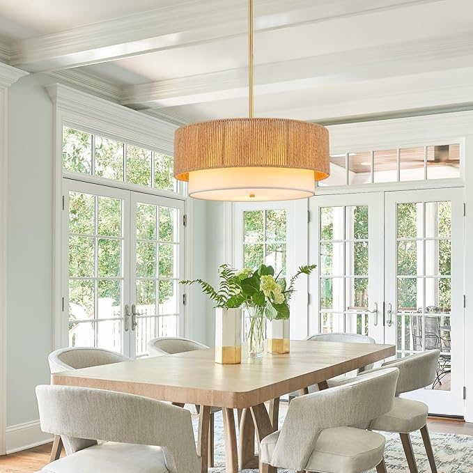 18'' Farmhouse Rattan Chandeliers for Dining Room,3-Light Boho Light Fixtures Rattan Pendant Light Fixture with Fabric Shade Drum Chandeliers for Bedroom Dining Room Foyer Kitchen Hallway