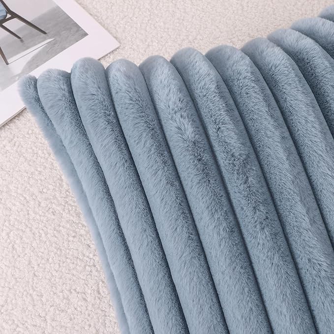 Pallene Faux Fur Plush Throw Pillow Covers 24x24 Set of 2, Luxury Soft Fluffy Striped Decorative Pillow Covers for Sofa, Couch, Living Room, Blue Grey