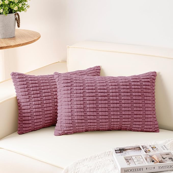 Pack of 2 Corduroy Decorative Throw Pillow Covers 12x20 Inch Soft Striped Pillow Covers Modern Farmhouse Home Decor for Sofa Living Room Couch Bed（Pink）