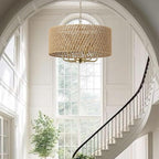 20" Large Boho Rattan Chandeliers for Dining Room, 6-Light Rattan Hand-Woven Drum Wicker Farmhouse Chandelier Large Vintage Chandelier Pendant Light Fixture for Kitchen Island Entryway(Gold)