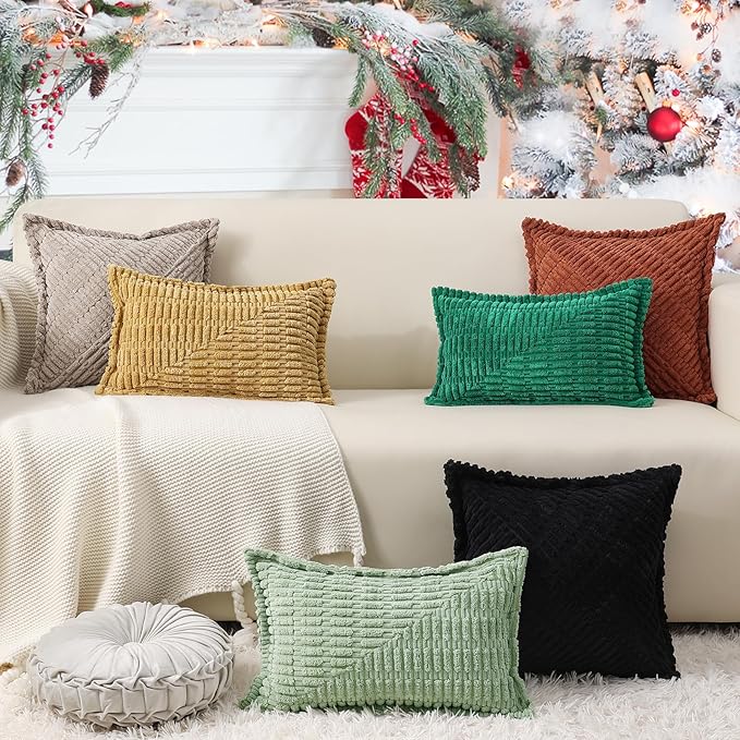 decorUhome Decorative Christmas Green Throw Pillow Covers 16x16 Set of 2 with Splicing, Boho Soft Neutral Corduroy Broadside Twill Pillow Covers for Couch Bed Sofa Living Room